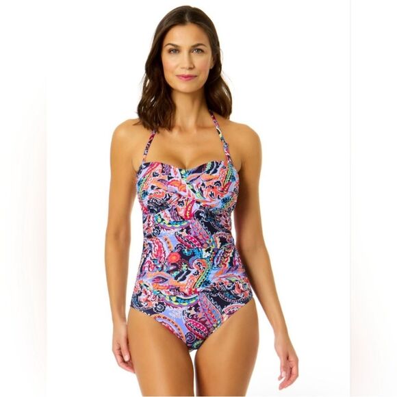 Anne Cole Paisley Parade Twist Front Shirred One Piece Swimsuit Size 6 - Picture 1 of 9